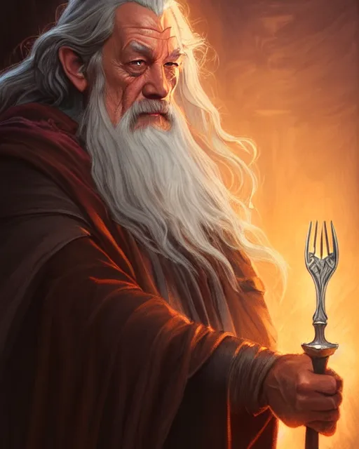 Prompt: Gandalf the grey casting a magic giant fork spell, crimson led, glowing, D&D, fantasy, intricate, elegant, highly detailed, digital painting, artstation, concept art, matte, sharp focus, illustration, hearthstone, art by Artgerm and Greg Rutkowski and Alphonse Mucha