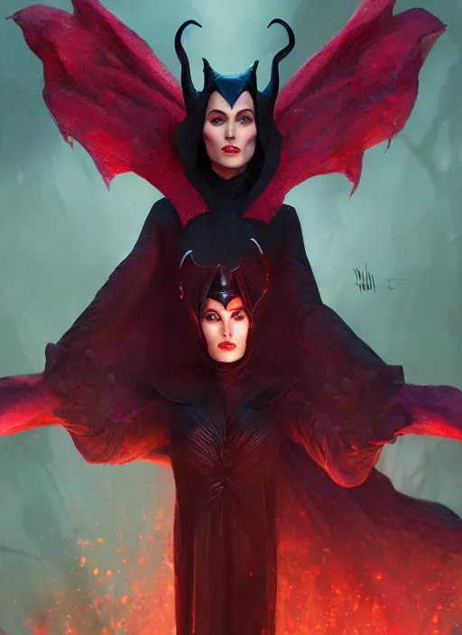 Image similar to scarlet witch as maleficent, naturel, hyper detailed, digital art, trending in artstation, cinematic lighting, studio quality, smooth render, unreal engine 5 rendered, octane rendered, art style by klimt and nixeu and ian sprigger and wlop and krenz cushart