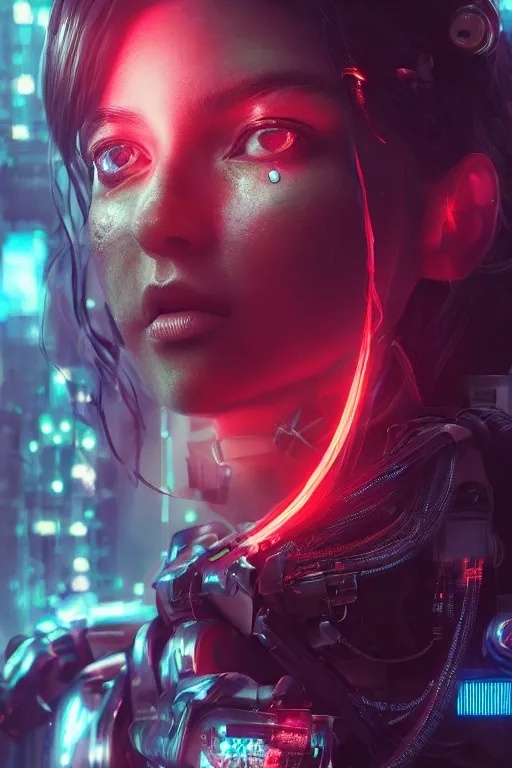 Image similar to beautiful portrait of a cyborg mercenary girl, art by wlop, liam wong, head and shoulders, cyberpunk, neon, intricate details, trending on artstation, sharp focus, caustics, octane render, radiant light, 4 k