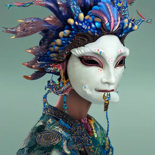 Image similar to 3 d goddess close - up profile portrait russian with ram skull. beautiful intricately detailed japanese crow kitsune mask and clasical japanese kimono. betta fish, jellyfish phoenix, bio luminescent, plasma, ice, water, wind, creature, artwork by tooth wu and wlop and beeple and greg rutkowski