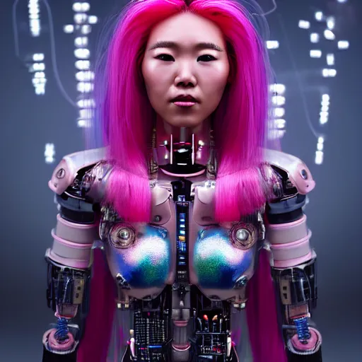 Image similar to portrait of a beautiful mongolian woman with pink hair as a cyberpunk cyborg half robot, revealing wires and electronics, hooked - up, sci - fi, missing panels, intricate abstract upper body intricate artwork, concept art, octane render, deviantart, cinematic, key art, hyperrealism, iridescent accents, portrait photograph, nikon 3 5 mm, photograph by greg rutkowski