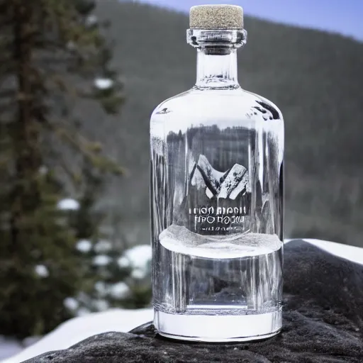 Prompt: classy clear vodka bottle still on a snowy mountain, realistic, advertisement