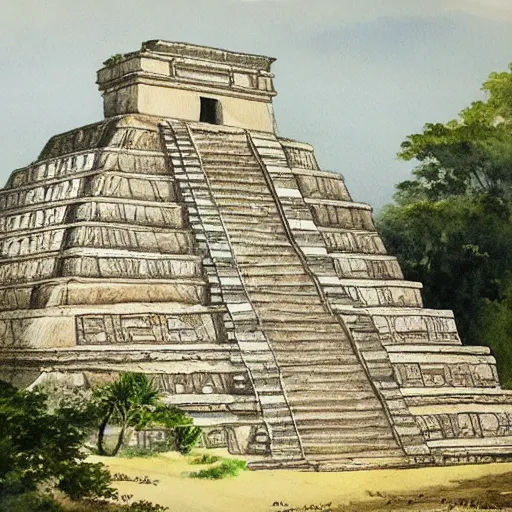 Prompt: detailed 1 9 th century architectural watercolor of ornate monumental mayan ruins