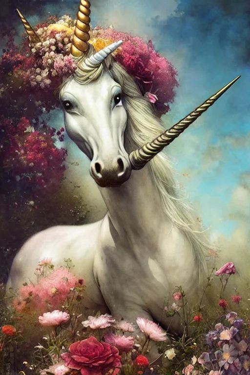 Prompt: a unicorn surrounded by beutiful flowers | esoteric symbolism | jean - baptiste monge, esao andrews, bastien lecouffe - deharme, tim jacobus, ken currie | ultra - detailed realism, soft cinematic lighting, hi - fructose, artstation, high - quality, ink watercolors wes anderson poster art