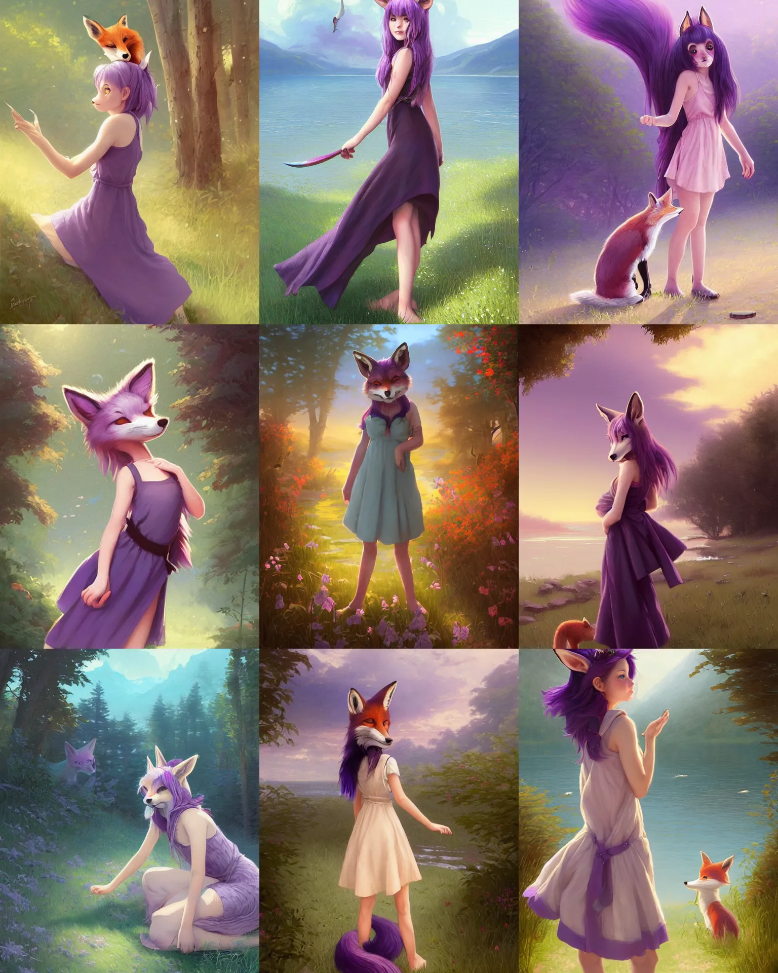 Prompt: a girl with fox ears and purple hair wearing a simple sundress, this fox girl has a pronounced snout and two pointed black ears, beautiful lake background, illustration by greg rutkowski, thomas kindkade, loish, artstation, furaffinity, deviantart