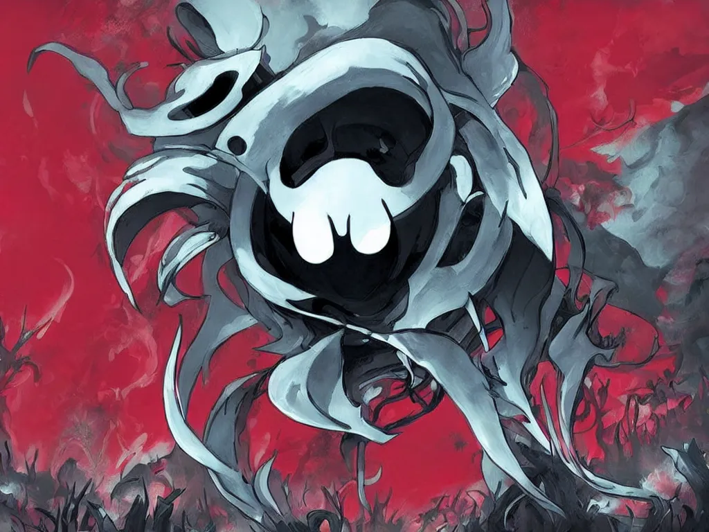 Image similar to cover art for hollow knight. Ominous. High detail. No text. Red. Bright Colors. nightmare king grimm. Sharp. 4K 8K. Detailed shapes.