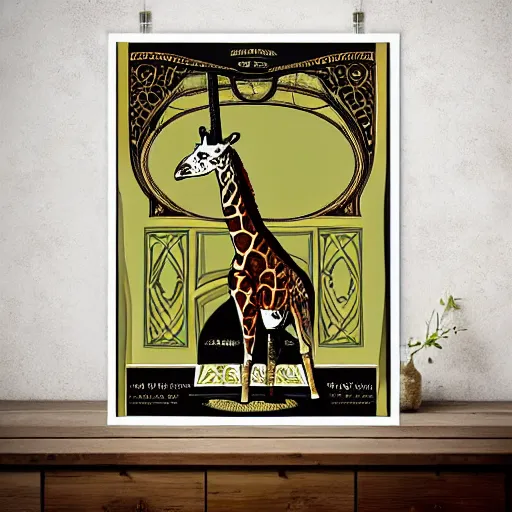 Prompt: art nouveau poster of a giraffe