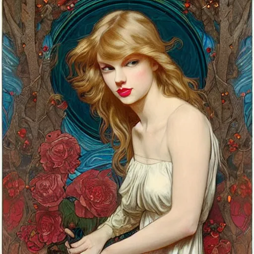 Image similar to romantic painted portrait of taylor swift by james jean, mucha