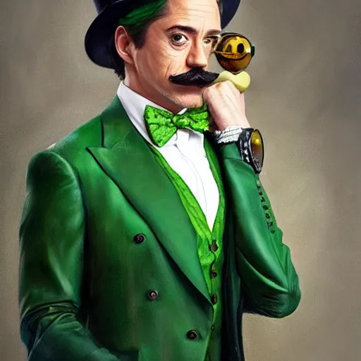 Image similar to hyper realistic portrait painting, beautifully rendered, robert downey jr. as dapper fancy luigi, moustache, wearing a green top hat, green suit and bowtie, smirking deviously, painted by greg rutkowski, wlop, artgerm, dishonored 2