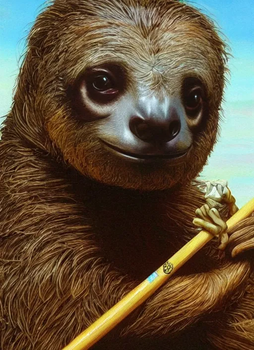 Image similar to ultra realistic portrait painting of a sloth smoking a joint, vaguely resembling snoop dogg, art by frank frazetta, 4 k, ultra realistic, highly detailed, epic lighting