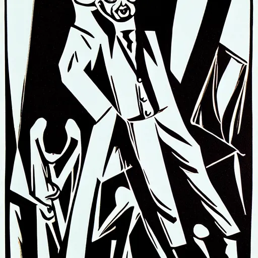 Image similar to cabinet of dr caligari, linocut print,