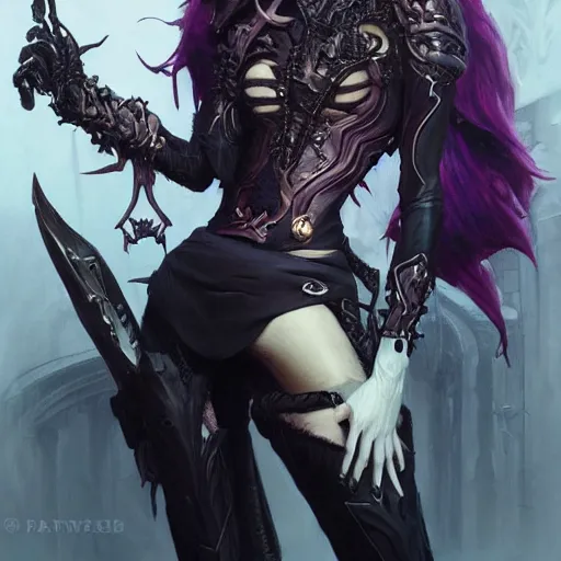 Image similar to dark fantasy character portrait of Moira from Overwatch, wearing skull mask, dystopian mood, intricate, wild, highly detailed, digital painting, artstation, upper body, concept art, smooth, sharp focus, illustration, art by artgerm and greg rutkowski and alphonse mucha