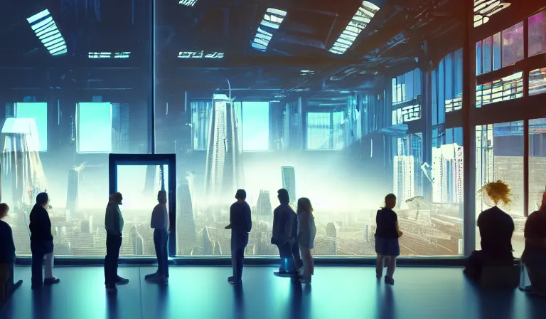 Prompt: group of people in simple windowed warehouse, looking at hologram of futuristic city on a table, cinematic concept art, godrays, golden hour, natural sunlight, 4 k, clear details, tabletop model buildings, center model buildings, hologram center, crane shot, crane shot, crane shot