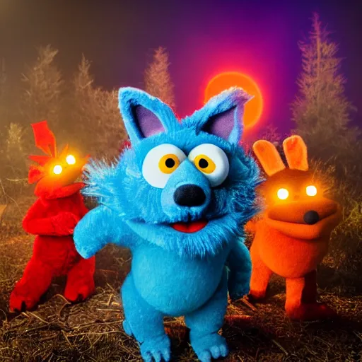 Prompt: a large fox colored furby muppet holding a lit torch and herding a bunch of random muppet animals following behind through a dark felt forest at night, sesame street, photograph, photography, ultrarealistic, national geographic