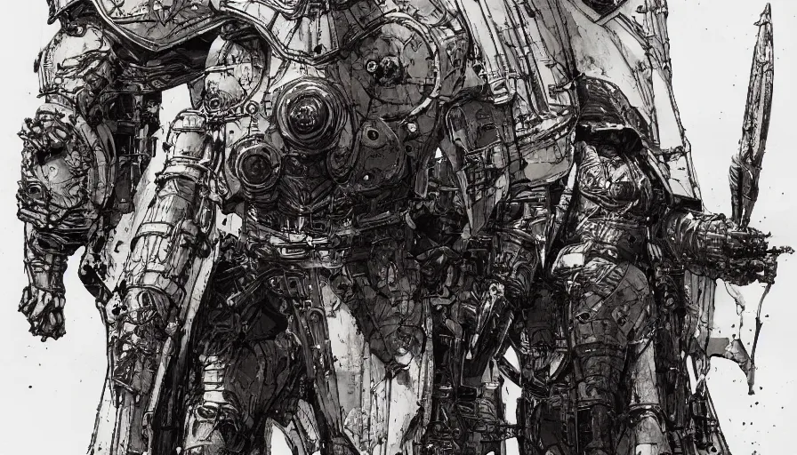 Image similar to Knights Templar wearing space power suit concept art, pen and ink, intricate line drawings, by John Harris, Emil Melmoth, Craig Mullins, yoji shinkawa, artstation, moebius comic, Marc Simonetti, lan McQue, Kentaro, Miura, hyper detailed, cinematic