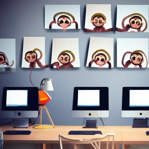 Image similar to 2 5 monkeys using computers, in a well lit office, happy monkey faces, modern paintings on the walls