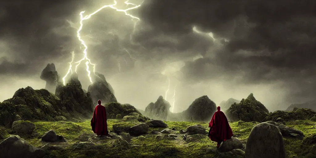 Image similar to photorealistic strange dark monks perform a ritual. magical symbols float above them. epic landscape with magically floating rocks, with ominous storm clouds, strange levitating stones, stones falling from the sky, a gentle rising mist. occult photorealism, uhd, amazing depth, glowing, volumetric lighting, cinematic lighting, design by alphonse mucha