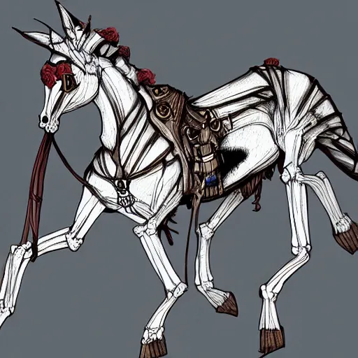 Image similar to very detailed concept art of a skeleton horse with a hooded capped figure riding the skeleton horse