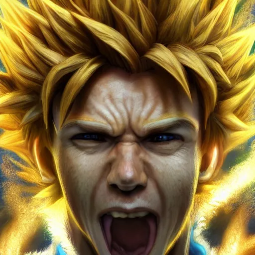 Image similar to shaggy going super sayain, au naturel, hyper detailed, digital art, trending in artstation, cinematic lighting, studio quality, smooth render, unreal engine 5 rendered, octane rendered, art style by klimt and nixeu and ian sprigger and wlop and krenz cushart