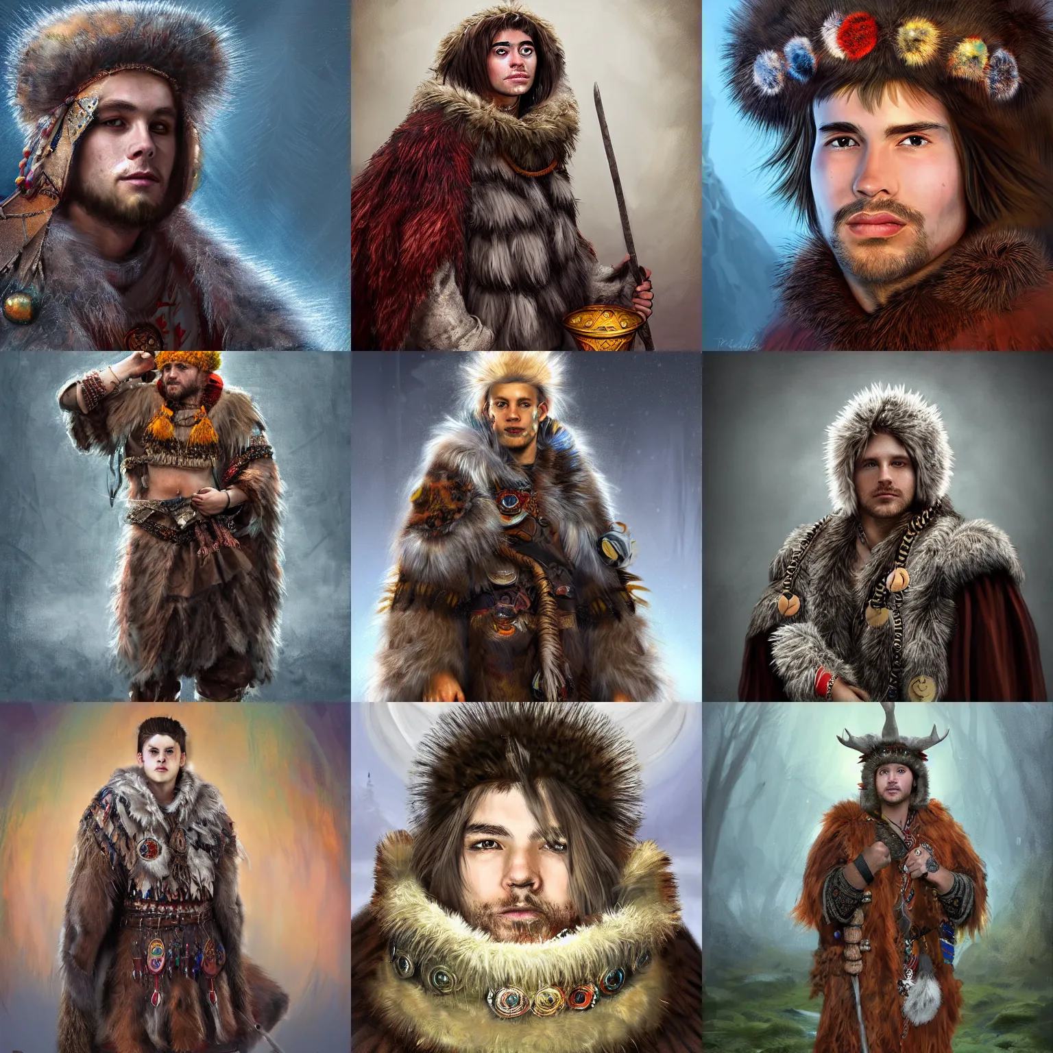 Prompt: Bjørn Skalldrasson, a young male shaman wearing a bearskin cloak festooned with trinkets and junk, portrait, shaggy haircut, 8k resolution, full-length portrait, digital painting, fantasy illustration, D&D character art