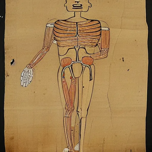 Prompt: an ancient papyrus depicting a japanese yokai's anatomy and information