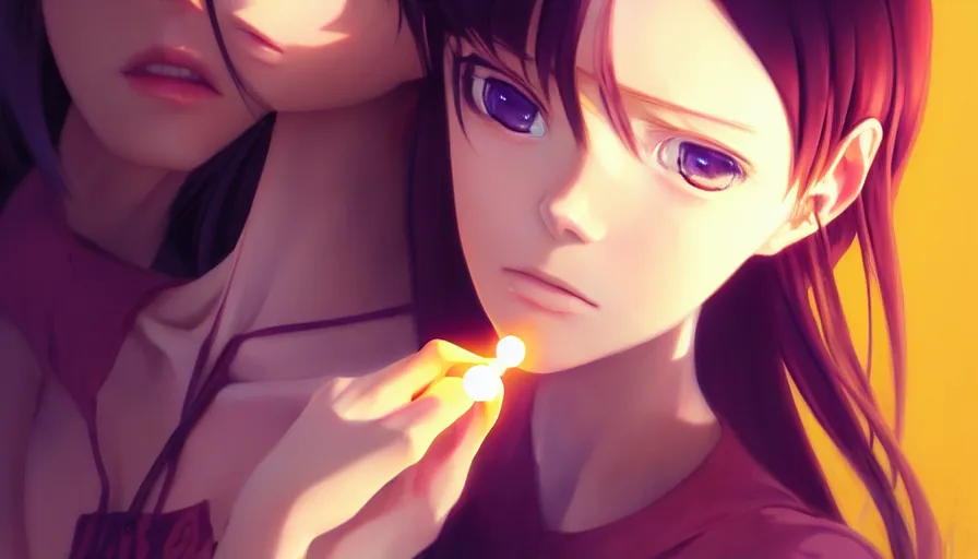 Image similar to coco rocha as a beautiful anime girl holding a light source inside her hand, expert high detail concept art, character design, defined face, vivid colors, photorealistic shaded lighting poster ilya kuvshinov, katsuhiro, makoto shinkai, wlop, loish and clamp style, trending on artstation, best selling artist