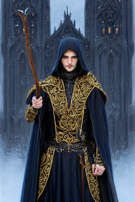 Image similar to handsome mage holding a spear, long black hair blue eyes wearing leather mantle gothic navy cloak with gold details, castle town, fantasy character portrait, ultra realistic, intricate, elegant, highly detailed, digital painting, artstation, smooth, sharp, focus, illustration, art by artgerm and greg rutkowski and alphonse mucha