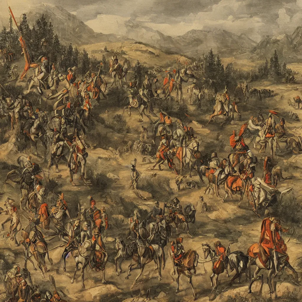 Prompt: A painting of a group of medieval mercenaries riding horses, dull grey forests and mountains in the background, highly detailed illustration