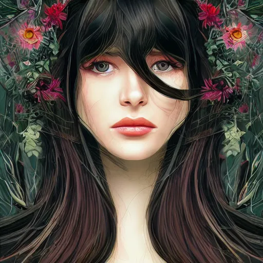 Image similar to pretty woman with pale skin, long black hair in a room full of beautiful plants, abstract, beautiful digital art trending on artstation