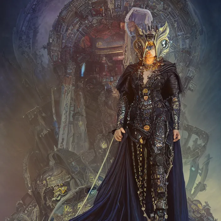 Prompt: mystical evil android queen with obsidian eyes, wearing an elaborate helmet, inside a wax palace, octane render, 8 k, unreal engine, by todd mcfarlane and artgerm and greg rutkowski and alphonse mucha