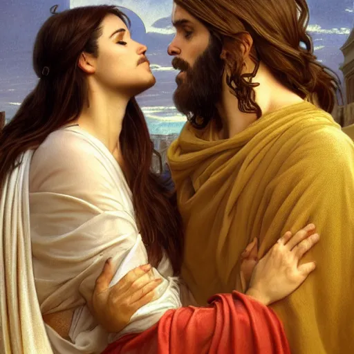 Image similar to jesus kissing a sensual woman in jerusalem, elegant, highly detailed, digital painting, artstation, concept art, matte, sharp focus, highly detailed, 4 k, hdr, smooth, sharp focus, high resolution, award - winning photo, photorealistic, art by artgerm and greg rutkowski and alphonse mucha, large shot