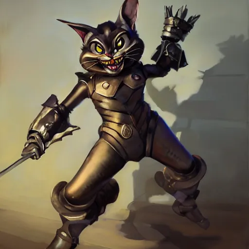 Image similar to greg manchess portrait painting of fully armored cheshire cat from alice in wonderland as overwatch character, medium shot, asymmetrical, profile picture, organic painting, sunny day, matte painting, bold shapes, hard edges, street art, trending on artstation, by huang guangjian, gil elvgren, ruan jia, randy vargas, greg rutkowski