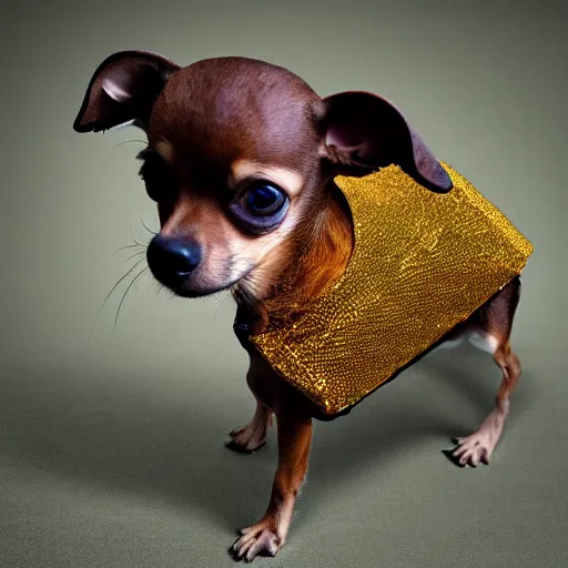 Image similar to photo of mini brown chihuahua in a bowser costume. Post processing , award winning , masterpiece , photo realistic