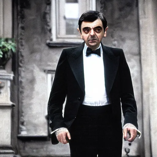 Prompt: Rowan Atkinson playing Mr Bean in the seminal scene from the oscar-winning movie The Godfather (1972)