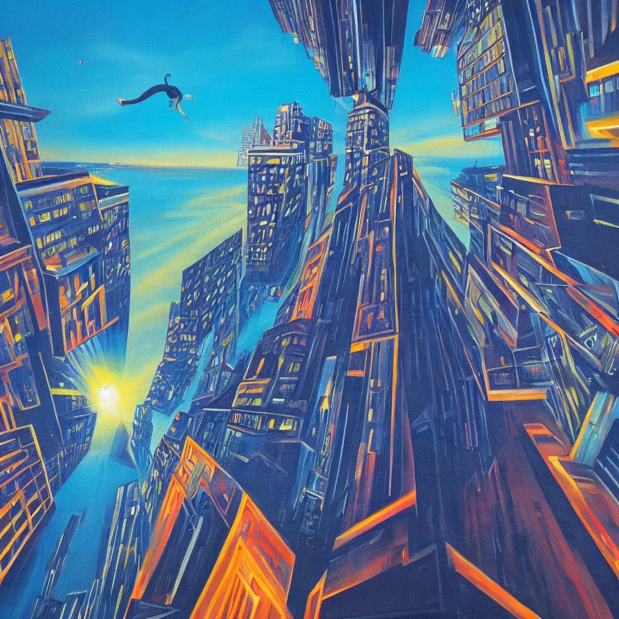 Prompt: surrealist painting of a downward view of someone falling off from the sun into a city full of neonlights and skyscrapers at night. creative view angle.