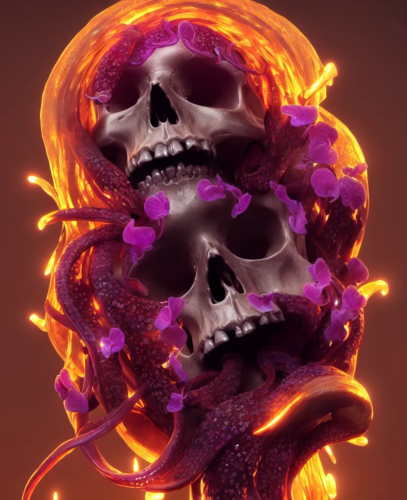 Image similar to goddess close - up portrait human skull, ram skull, squid phoenix jellyfish, orchid, betta fish, bioluminiscent, intricate artwork by tooth wu and wlop and beeple. octane render, trending on artstation, greg rutkowski very coherent symmetrical artwork. cinematic, hyper realism, high detail, octane render, 8 k