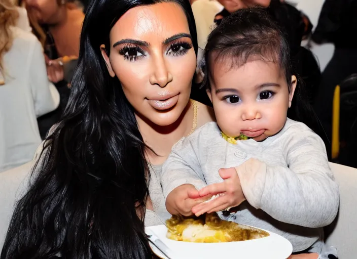 Prompt: a photograph of Kim Kardashian eating a baby