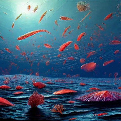 Image similar to A beautiful hyper realistic matte painting of darkfield microscopy krill Copepods Under Microscope by Justin Gerardof, John Howe, Albert Bierstadt, Alena, vivid color hues, Trending on artstation, opalescence, refraction, aesthetic plethora of ocean life precious Planktonia phytoplankton diatom protozoa