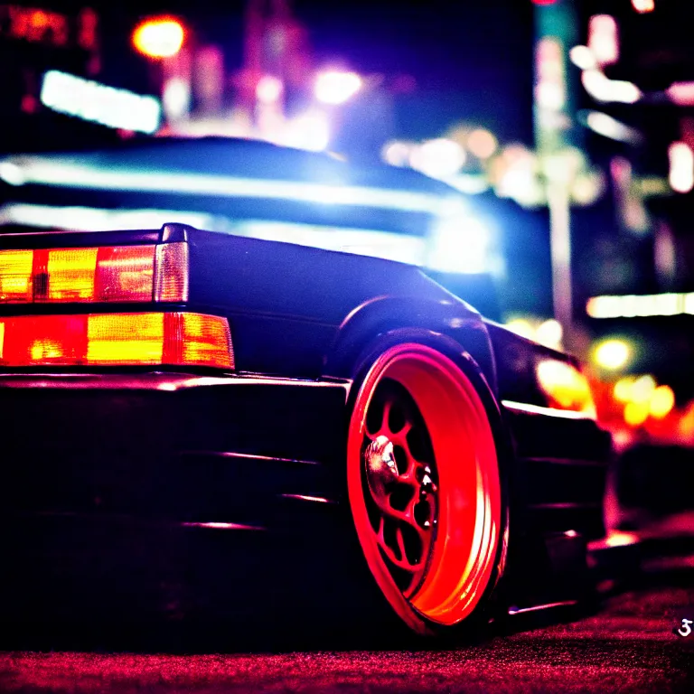 Prompt: close-up-photo JZX100 turbo illegal roadside night meet, work-wheels, Shibuya shibuya, cinematic color, photorealistic, deep dish wheels, highly detailed night photography