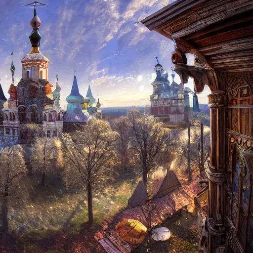 Prompt: photo beautiful magical ancient Slavic Russian city of Kitezh, fisheye lens, painting by Viktor Vasnetsov, concept art, magical city, fantasy cityscape, ancient Slavs, wooden buildings, ancient Russian architecture, terem, hyperborea, top cinematic lighting , cinematic mood, very detailed, 8k, high resolution, trending on artstation,