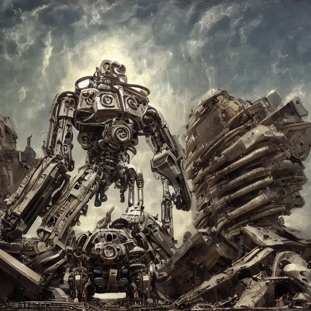 Prompt: machine titan shiny and chrome worshiped by protohumans amid the wreckage of civilization, beautiful oil painting award winning epic