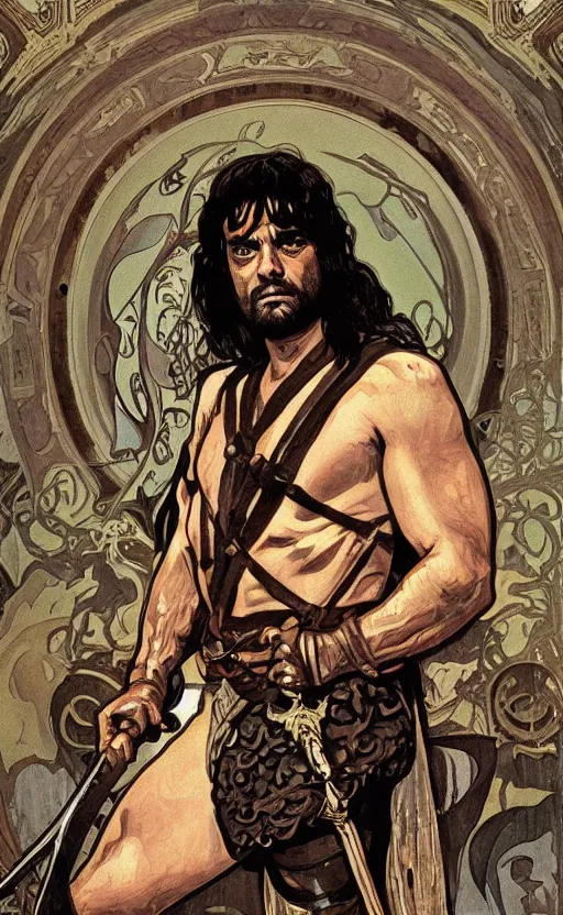 Prompt: oscar isaac as conan the barbarian, portrait, dark atmosphere, high fantasy, illustration, style of alphonse mucha