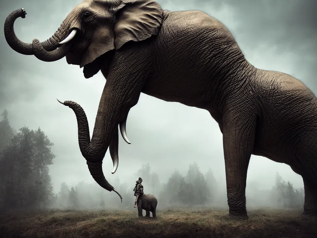 Prompt: war elephant in taiga, by mark ryden, iris van herpen, highly detailed, epic, octane render, excellent composition, 8 k, trending on artstation, cinematic lighting, masterpiece, behance contest winner, stunning, gorgeous, much wow