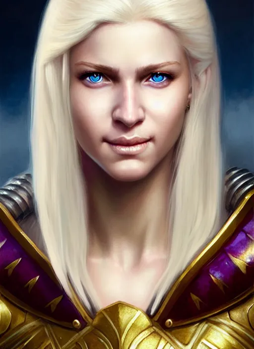 Image similar to a _ fantasy _ style _ portrait _ painting _ of shy white female paladin with blonde hair and blue eyes friendly smile, scar under left eye, holy oil _ painting _ unreal _ 5 _ daz. _ rpg _ portrait _ extremely _ detailed _ artgerm _ greg _ rutkowski _ greg