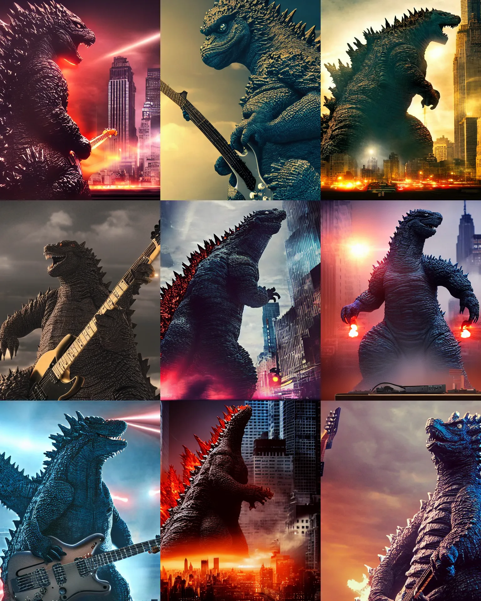 Prompt: a high quality photo of Godzilla playing electric guitar, in New York city, render, ultra realistic, cgsociety