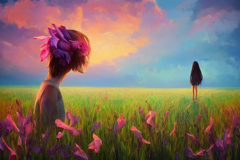 Image similar to giant gladiola head, girl walking in field of flowers, surreal photography, sunrise, blue sky, dramatic light, impressionist painting, digital painting, artstation, simon stalenhag