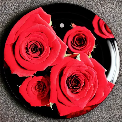 Prompt: red roses on a vinyl record, dark photograph