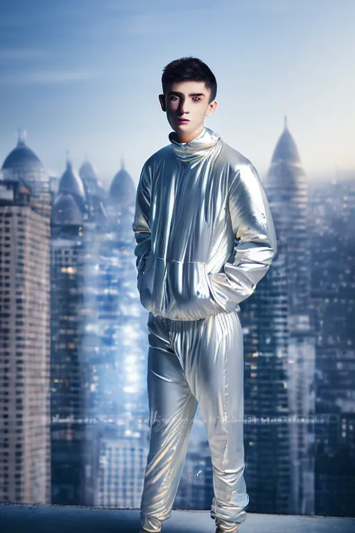 Image similar to un ultra high definition studio quality photographic art portrait of a young man standing on the rooftop of a british apartment building wearing soft baggy padded silver iridescent pearlescent clothing. three point light. extremely detailed. golden ratio, ray tracing, volumetric light, shallow depth of field. set dressed.