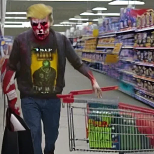 Prompt: photograph of zombie donald trump shopping at walmart in the bronx, movie still, 4 k