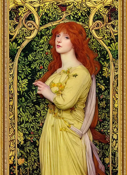 Image similar to masterpiece beautiful seductive flowing curves pose preraphaelite portrait photography, straight bangs, thick set, yellow ochre ornate medieval dress, mushroom forest arch, amongst foliage, william morris and kilian eng and mucha, framed, 4 k